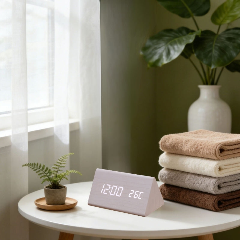 Alarm Clock Wooden Triangle with Temperature | LED