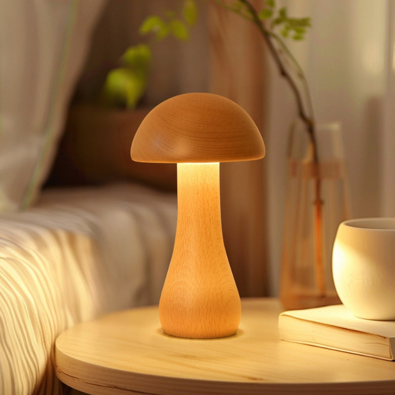 Bedside Lamp Wooden Mushroom LED with 360° Rotation | Cordless