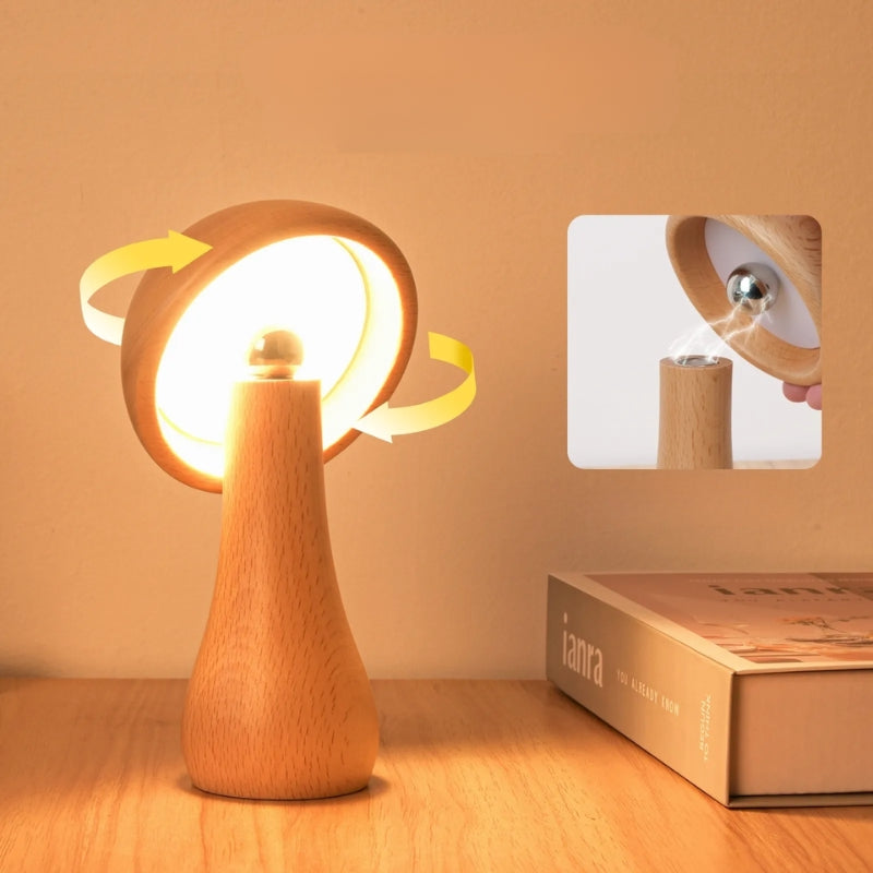 Bedside Lamp Wooden Mushroom LED with 360° Rotation | Cordless