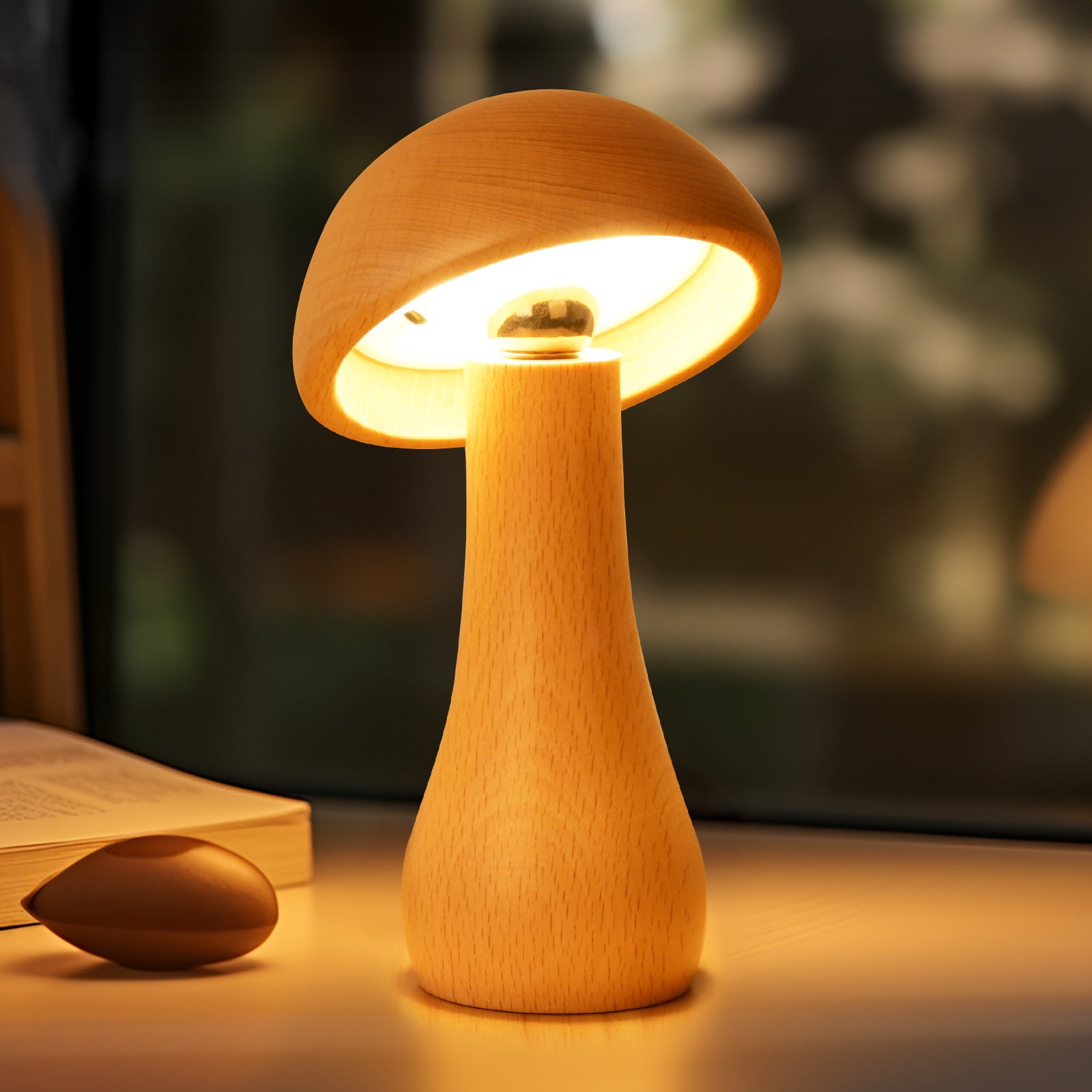 Bedside Lamp Wooden Mushroom LED with 360° Rotation | Cordless