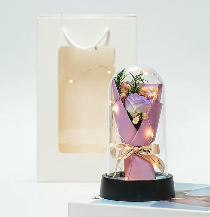 Gift Decor Soap Flower Bouquet Dome | Fairy Lights