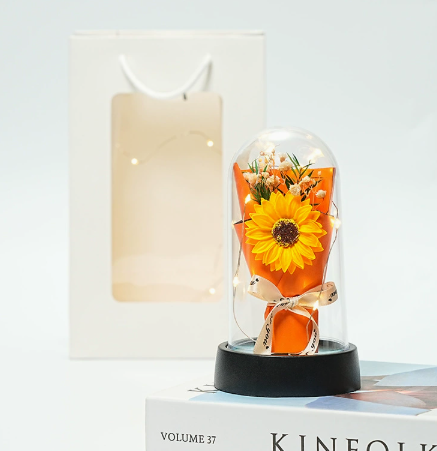 Gift Decor Soap Flower Bouquet Dome | Fairy Lights