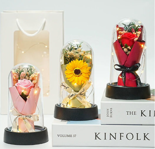 Gift Decor Soap Flower Bouquet Dome | Fairy Lights