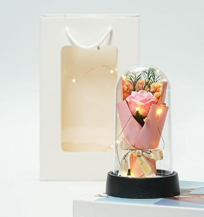 Gift Decor Soap Flower Bouquet Dome | Fairy Lights