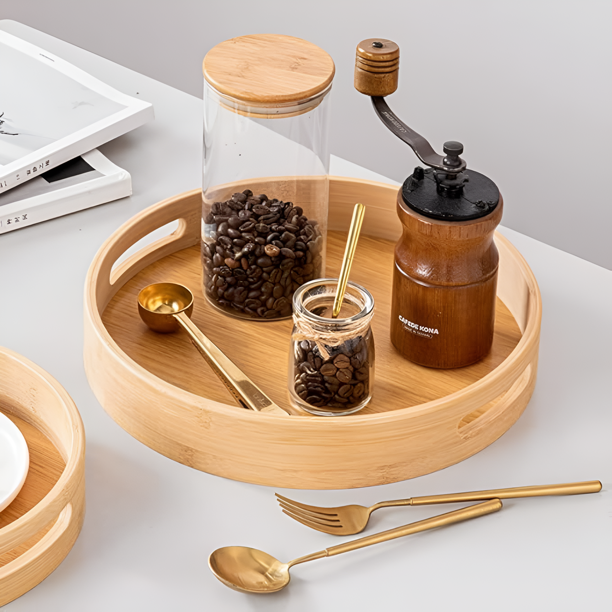 Kitchen Serving Round Tray with Handles | Raised Rim