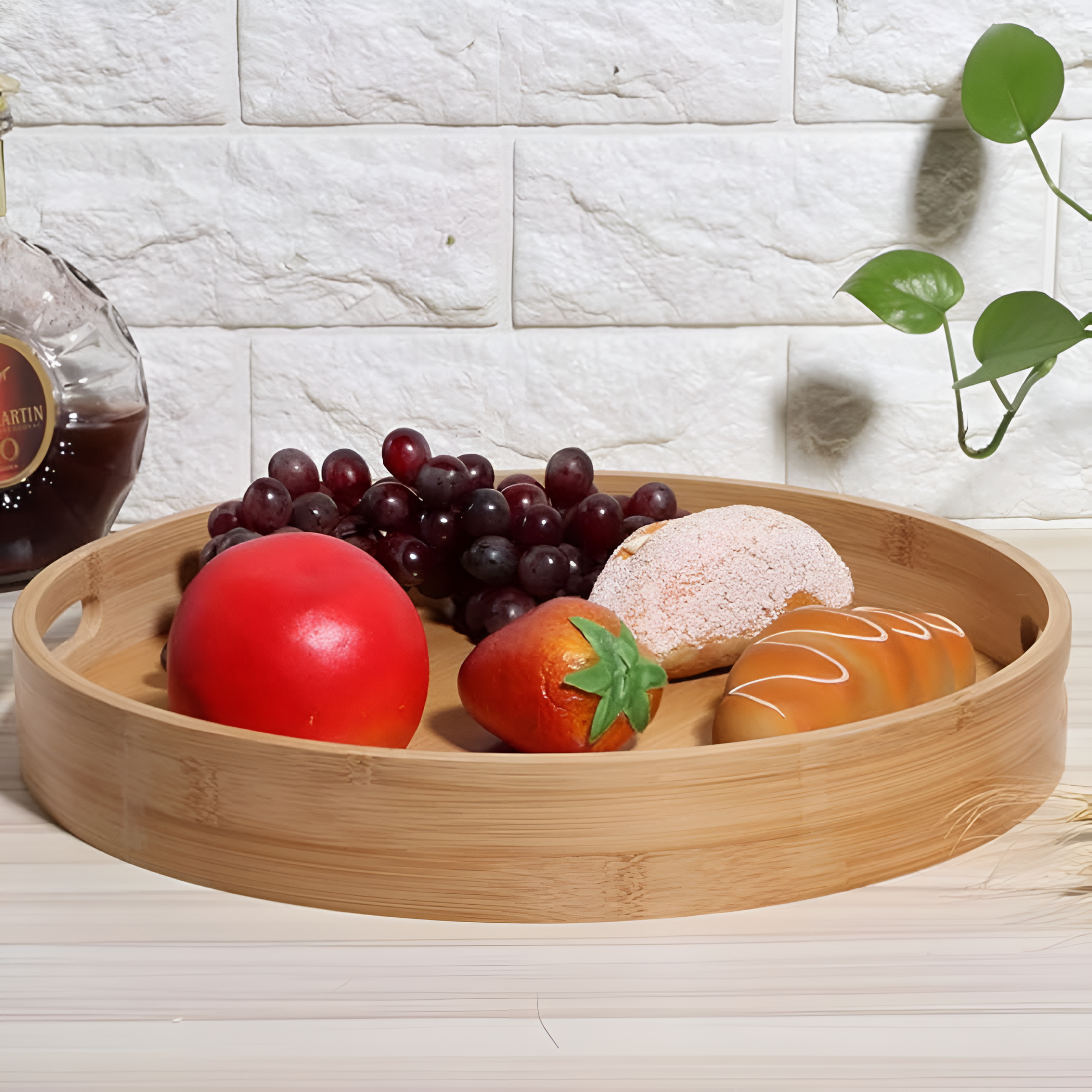 Kitchen Serving Round Tray with Handles | Raised Rim