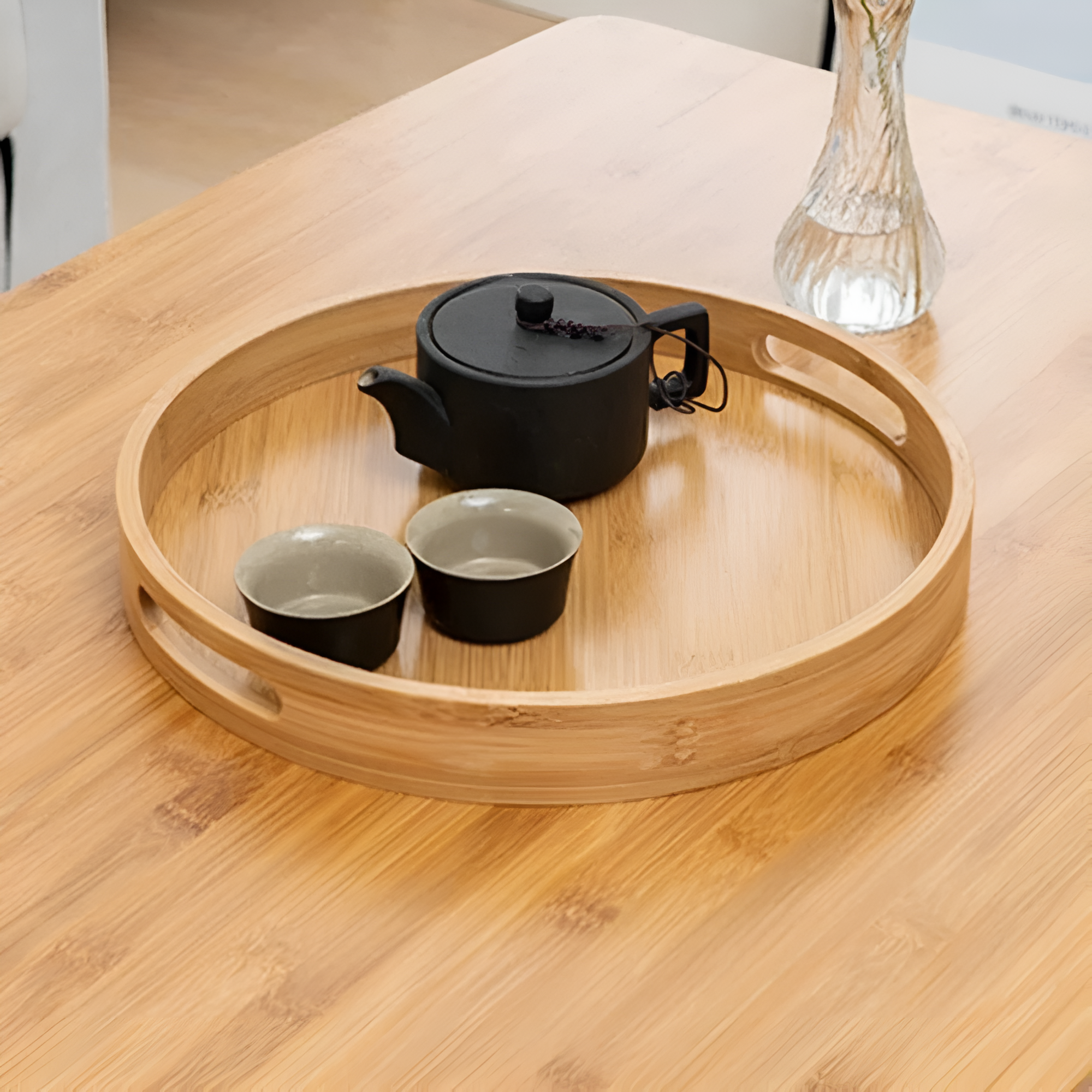 Kitchen Serving Round Tray with Handles | Raised Rim