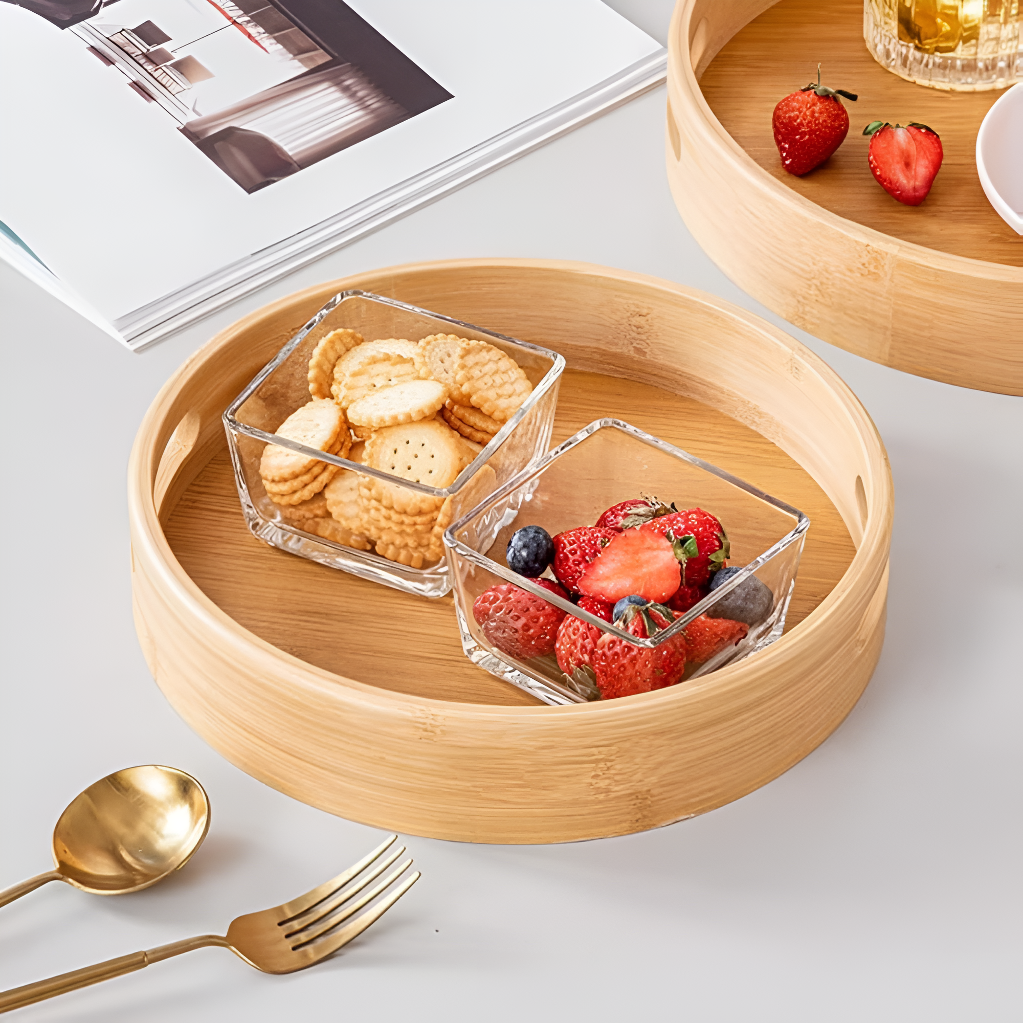 Kitchen Serving Round Tray with Handles | Raised Rim