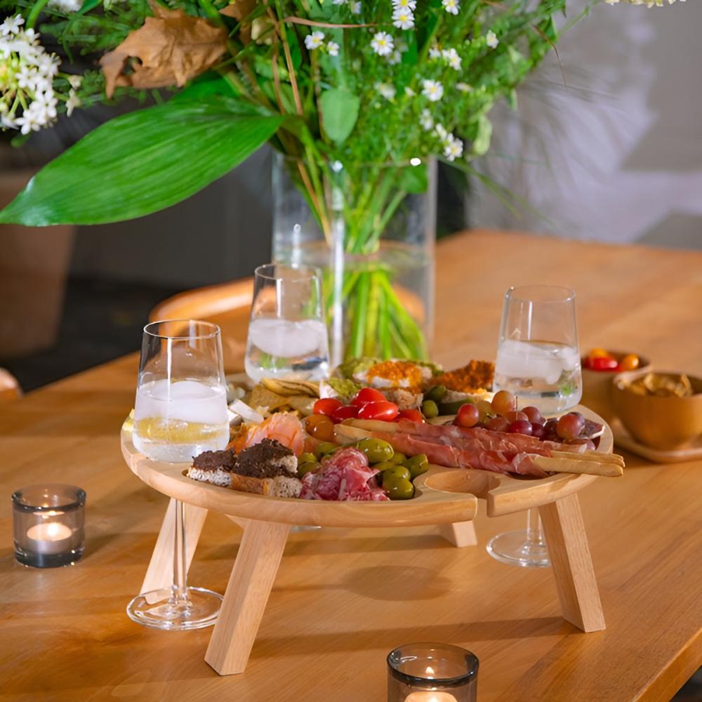 Kitchen Serving Wine Picnic Table with Glass Holders | Wood
