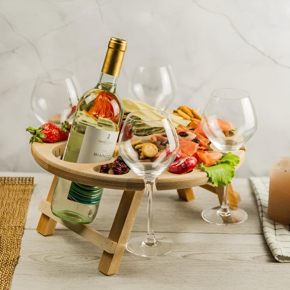 Kitchen Serving Wine Picnic Table with Glass Holders | Wood