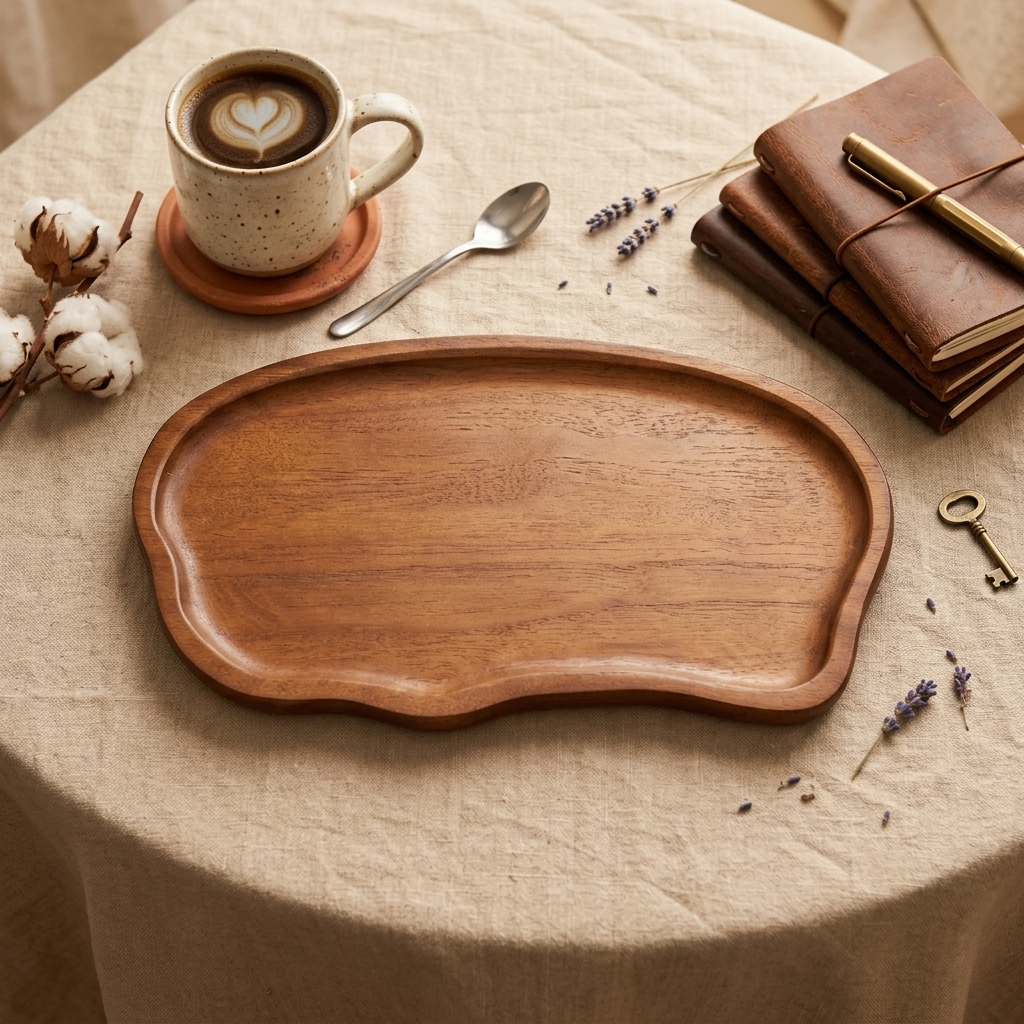 Kitchen Serving Wood Tray with Raised Rim | Curved