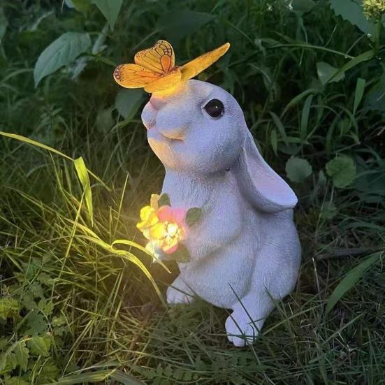 Landscape Lighting Bunny Statue with LED Flower for Garden | Solar