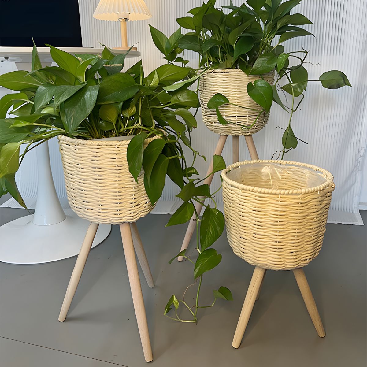 Plant Stand for Indoor Plants with Rattan Basket | Wood Legs