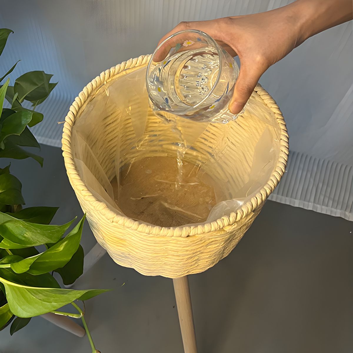Plant Stand for Indoor Plants with Rattan Basket | Wood Legs