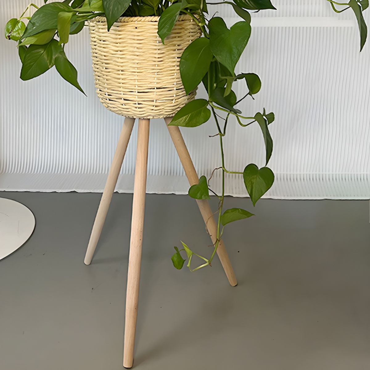 Plant Stand for Indoor Plants with Rattan Basket | Wood Legs