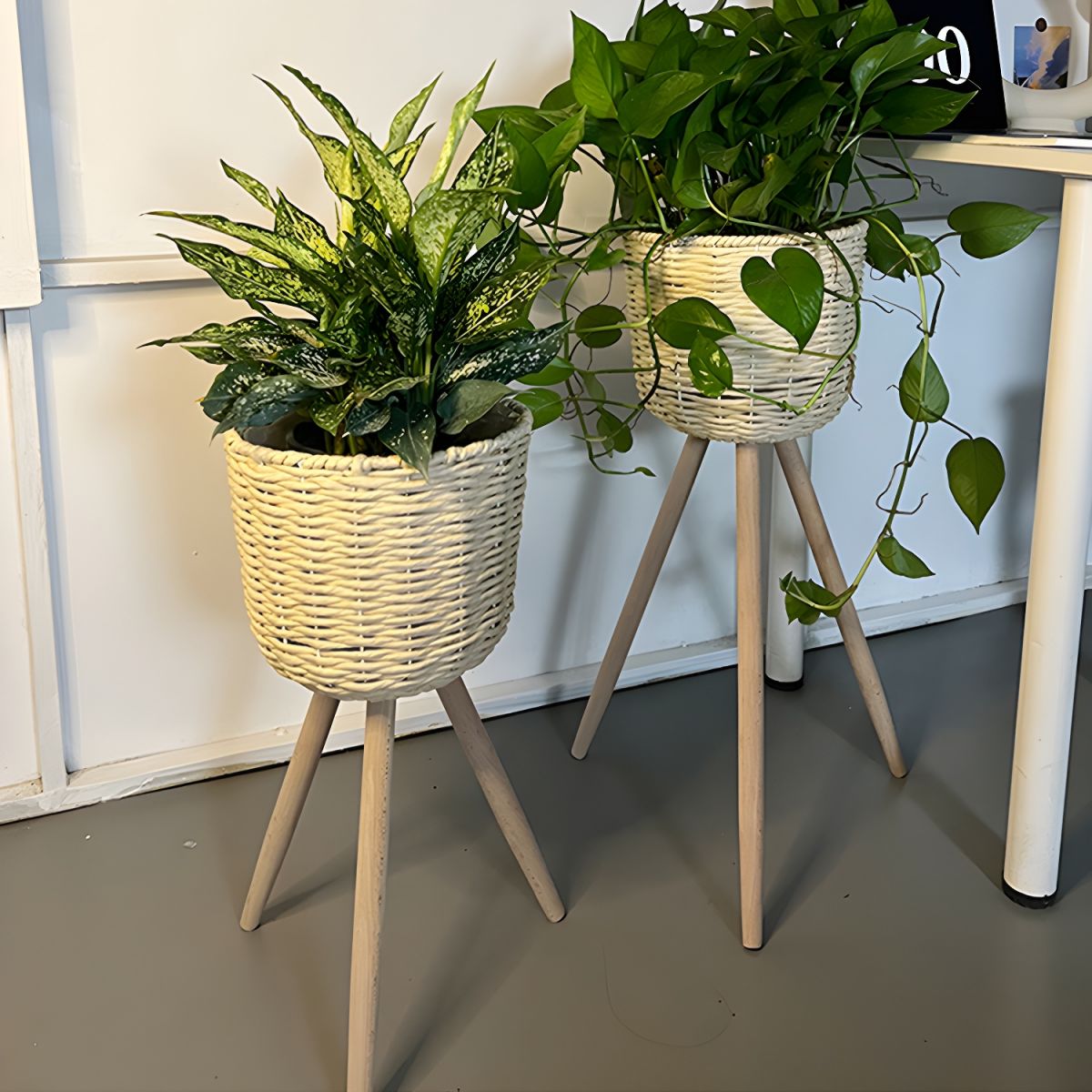 Plant Stand for Indoor Plants with Rattan Basket | Wood Legs