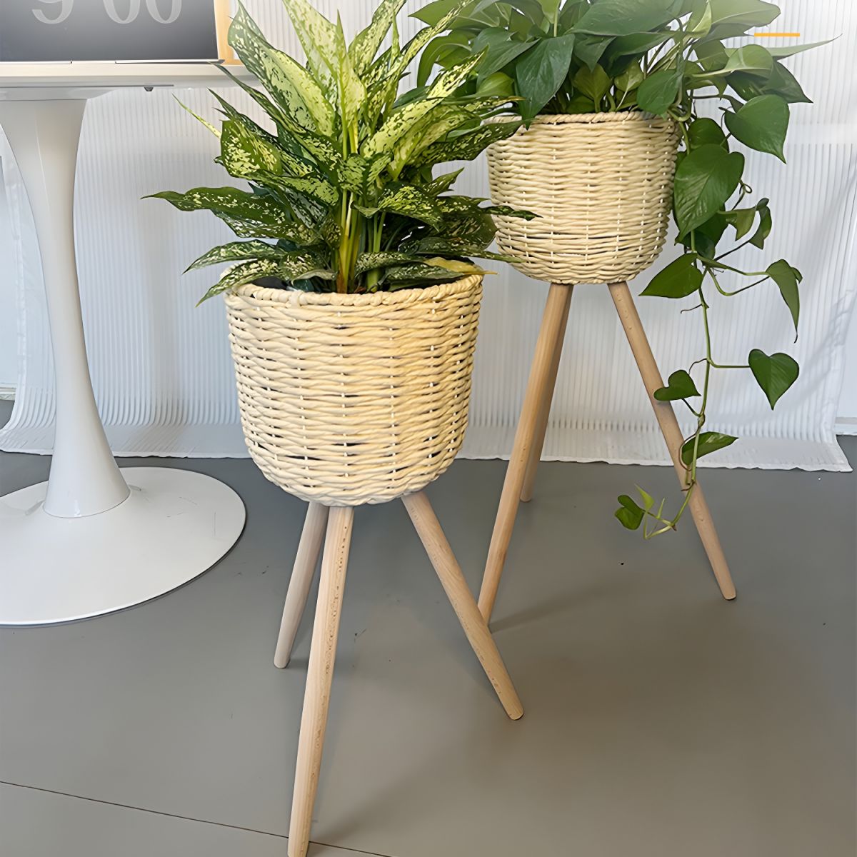 Plant Stand for Indoor Plants with Rattan Basket | Wood Legs