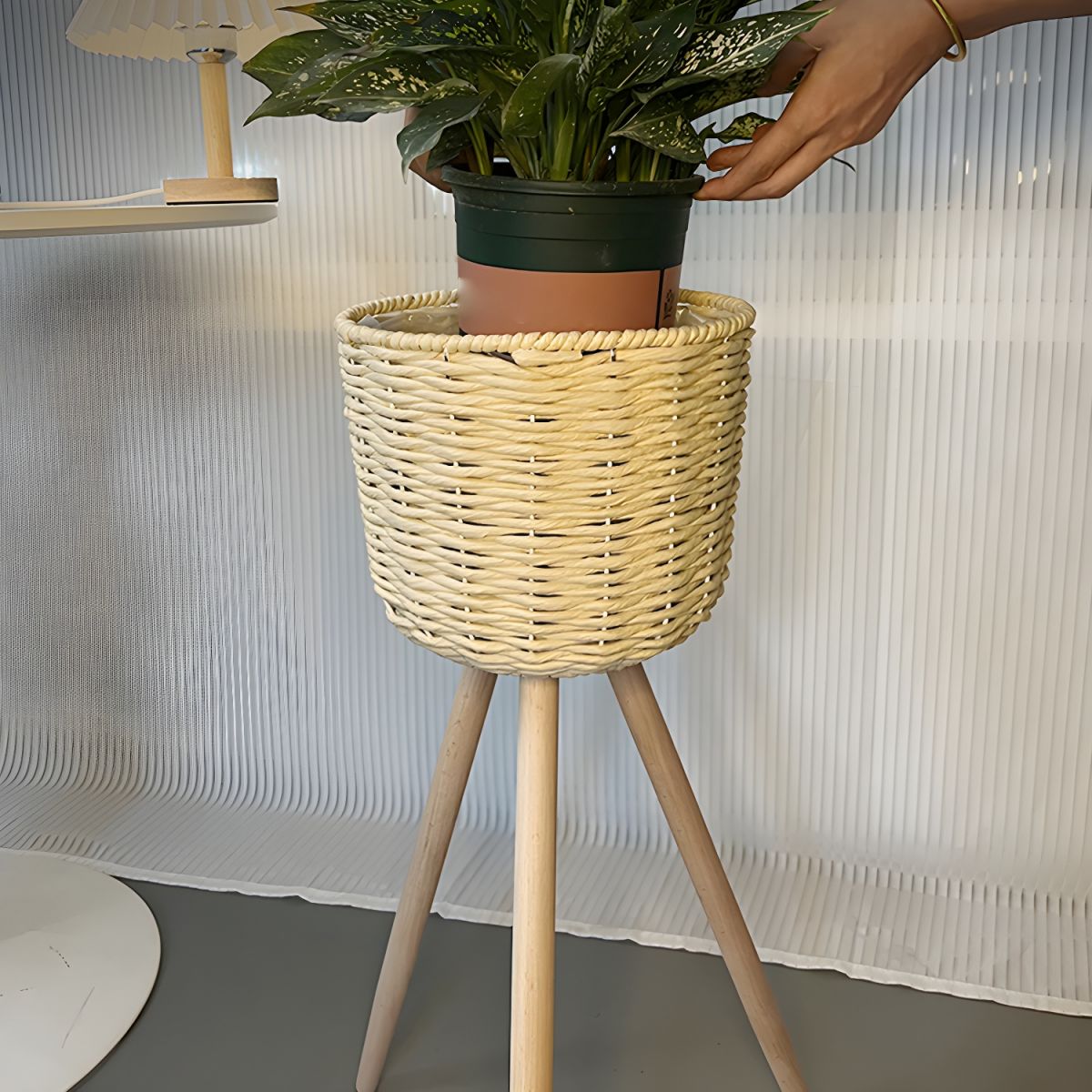 Plant Stand for Indoor Plants with Rattan Basket | Wood Legs