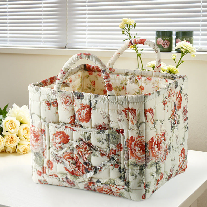 Storage Basket Quilted Fabric with Handles | Floral Print