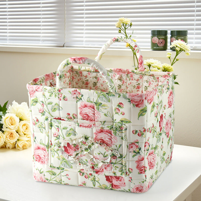 Storage Basket Quilted Fabric with Handles | Floral Print