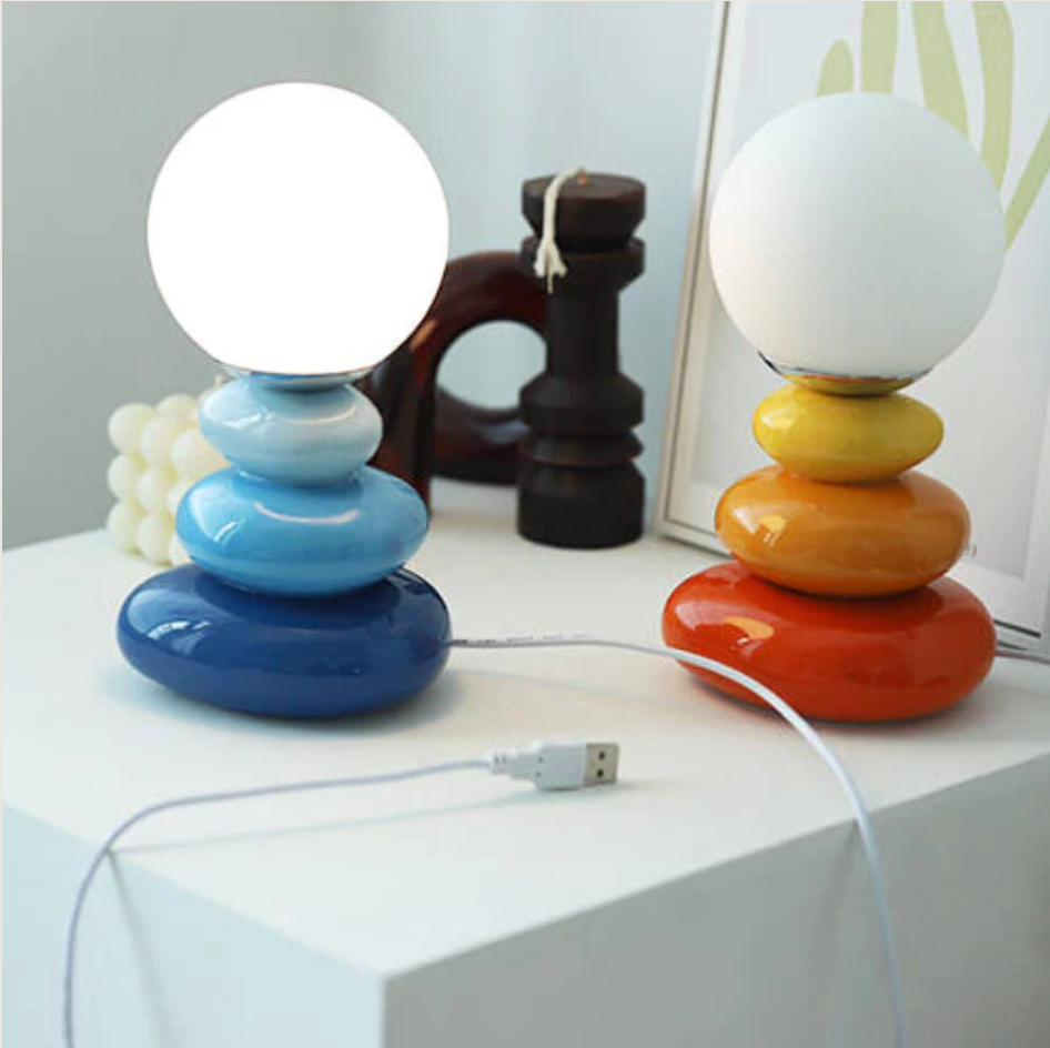 Table Lamps Stacked Pebble Glass & Globe for Bedside | USB