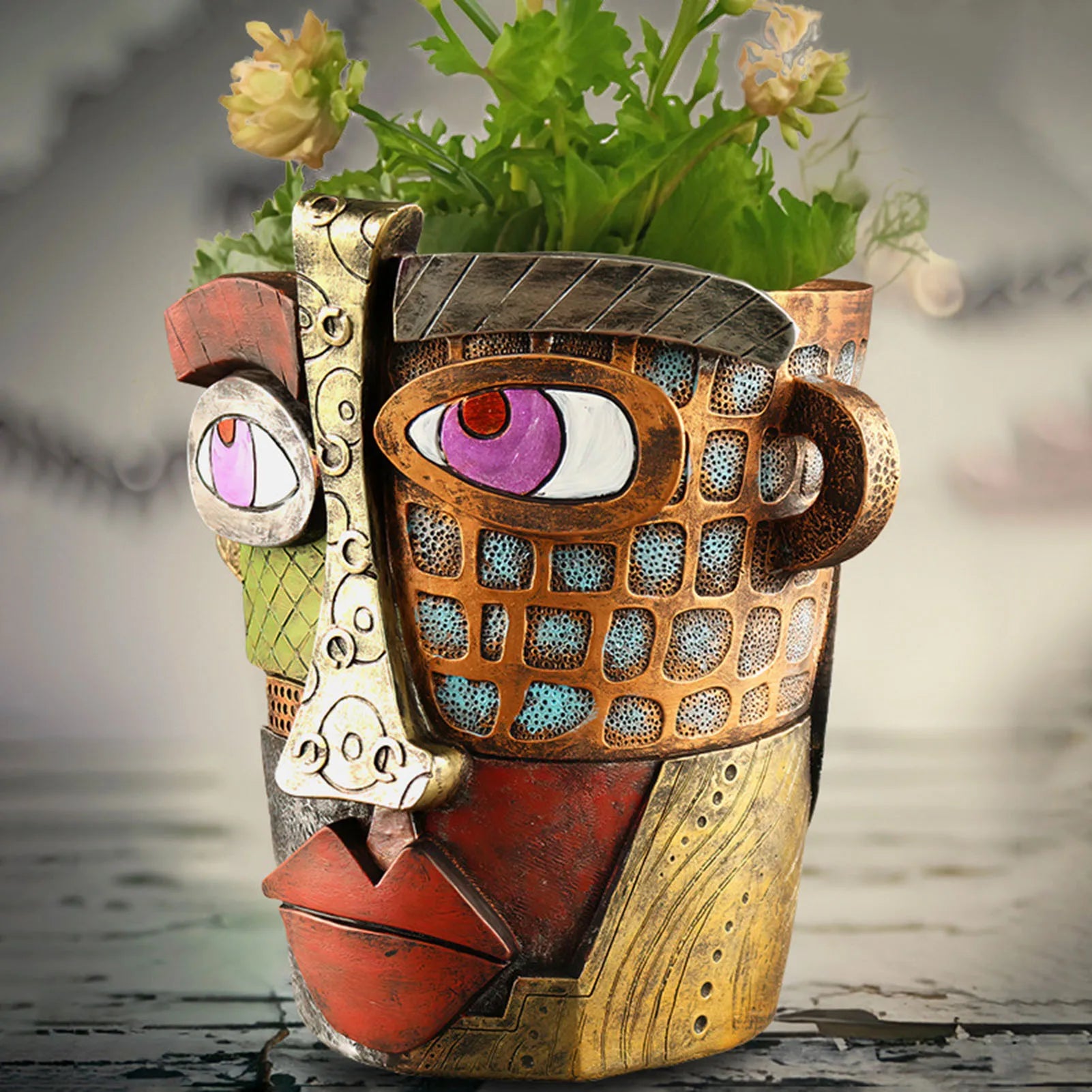 Vase Face Design Abstract with Textured Patchwork | Planter