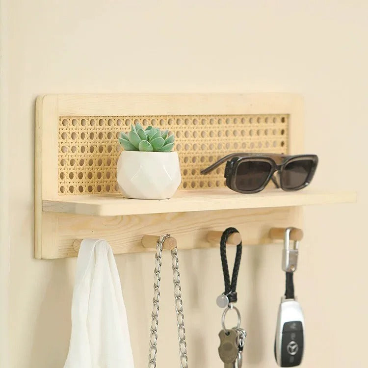 Wall Hooks with Rattan Shelf | Wood Entryway