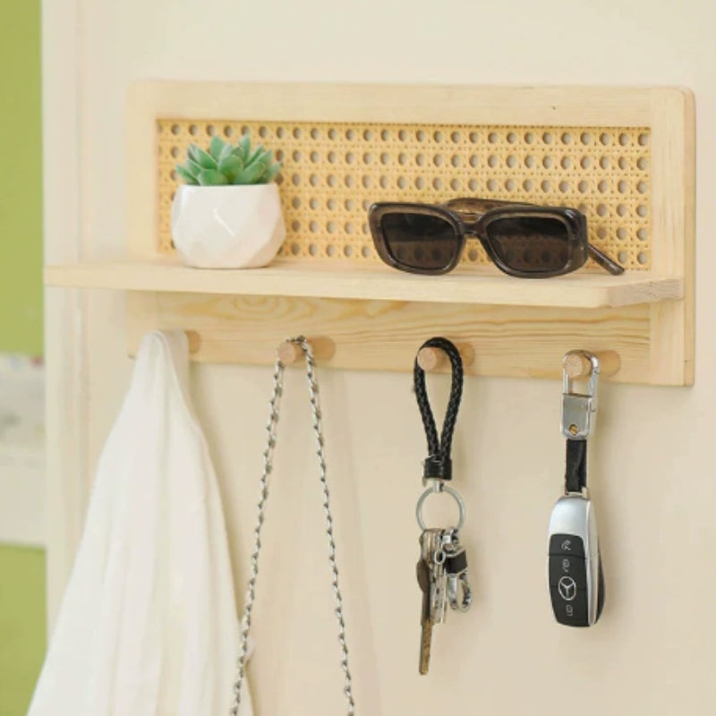 Wall Hooks with Rattan Shelf | Wood Entryway