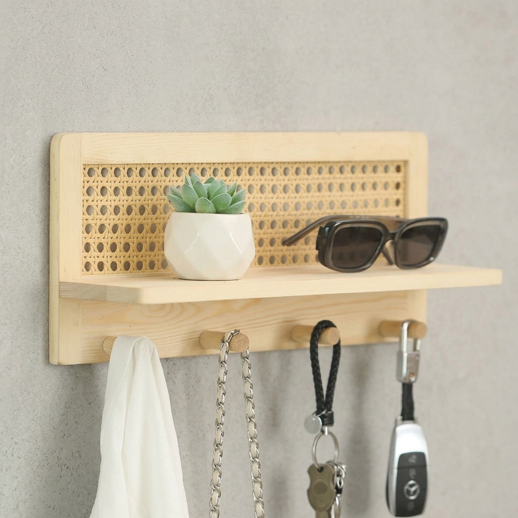 Wall Hooks with Rattan Shelf | Wood Entryway