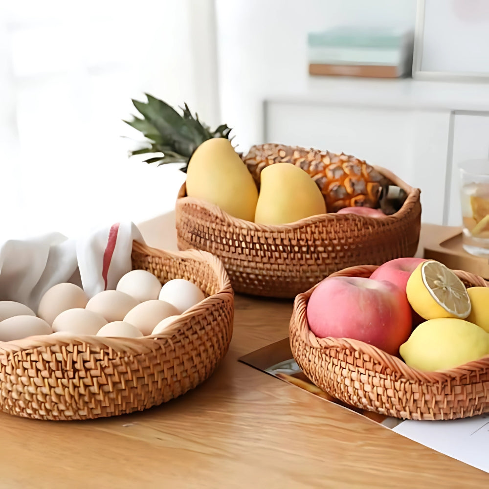 Woven Basket for Fruit & Bread with Rattan Design | Round