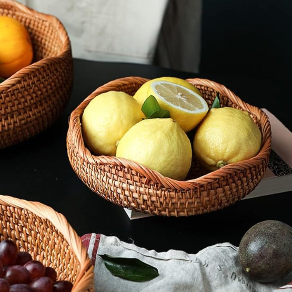 Woven Basket for Fruit & Bread with Rattan Design | Round