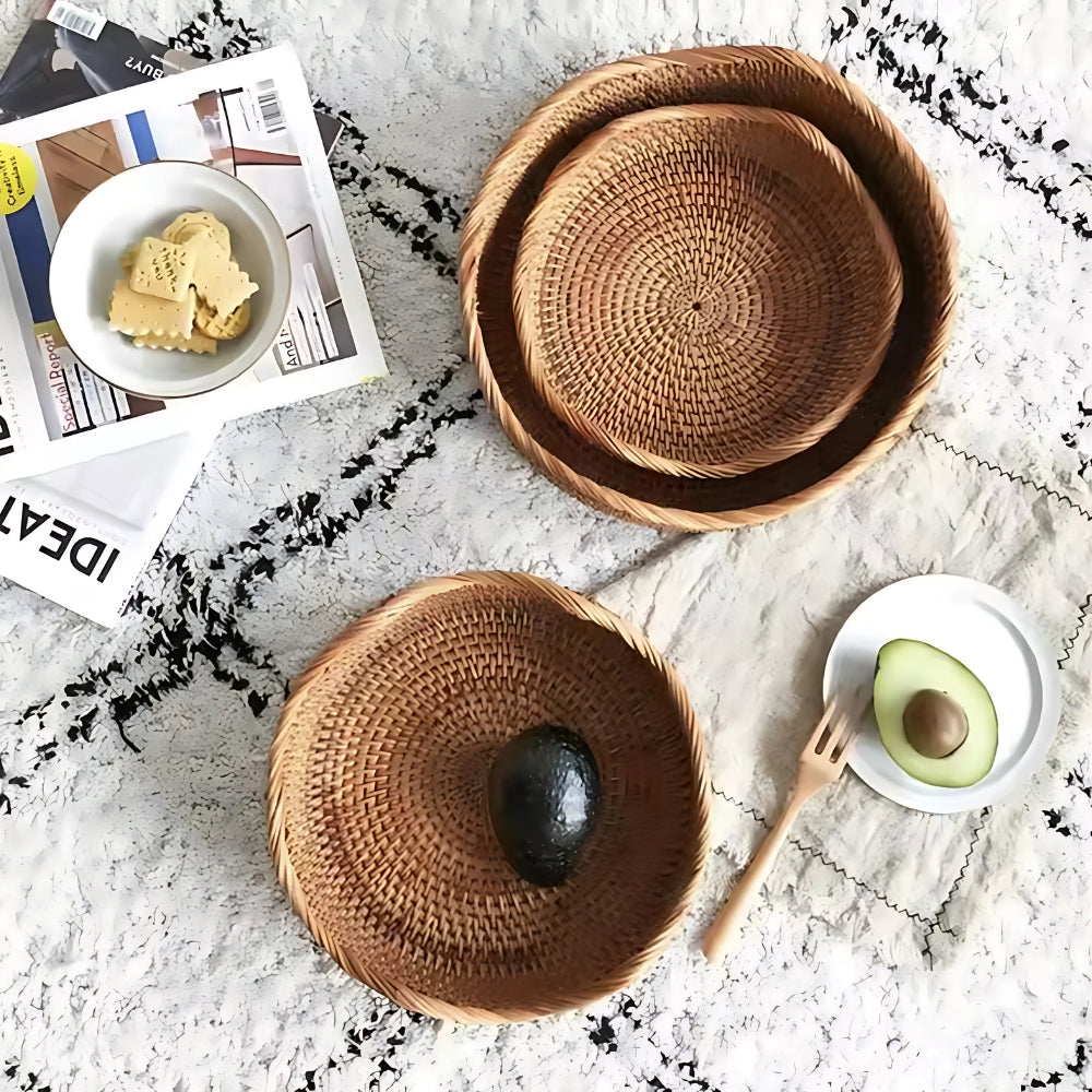 Woven Basket for Fruit & Bread with Rattan Design | Round