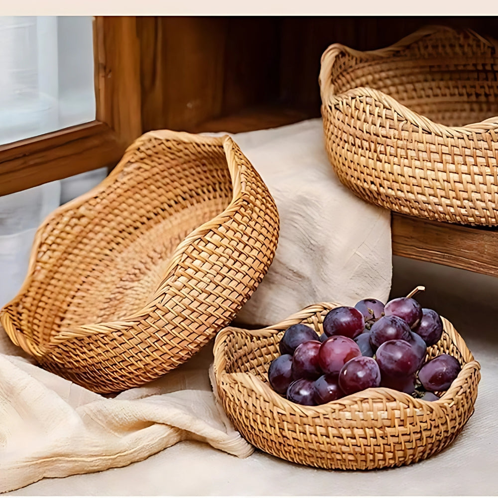 Woven Basket for Fruit & Bread with Rattan Design | Round